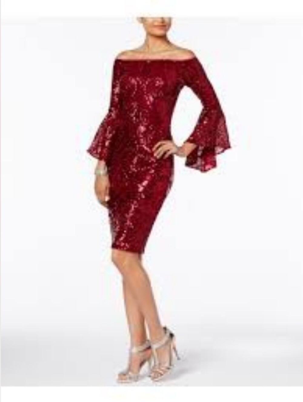 Betsy & Adam cocktail formal dress,  10P, burgundy Red Sequin, bell sleeve